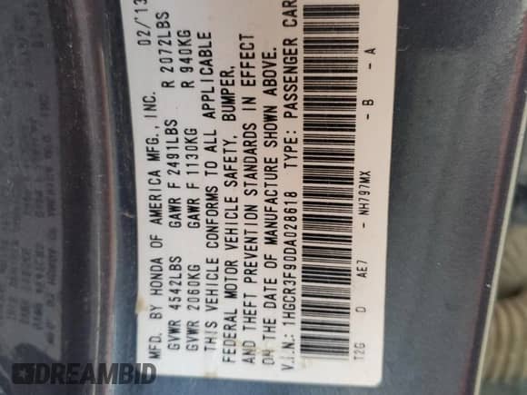 2013 Honda Accord Touring с VIN 1HGCR3F90DA028618, выставлен на аукционе Copart как лот 63485065 с пробегом 201 217 миль миль и Списание • Salvage title. История ставок и продаж доступна на DreamBid. Изображение 12.