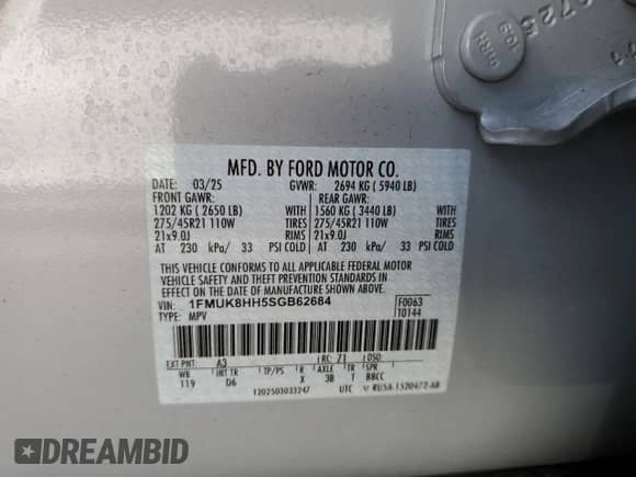 2025 Ford Explorer Platinum with VIN 1FMUK8HH5SGB62684, listed as a Copart auction lot 72032075 with 7,403 mi miles and Non repairable. Bid and sale history available at DreamBid. Image 14.