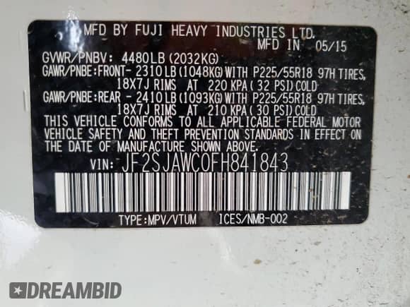 2015 Subaru Forester Touring with VIN JF2SJAWC0FH841843, listed as a Copart auction lot 82286335 with 93,011 mi miles and Salvage title. Bid and sale history available at DreamBid. Image 12.