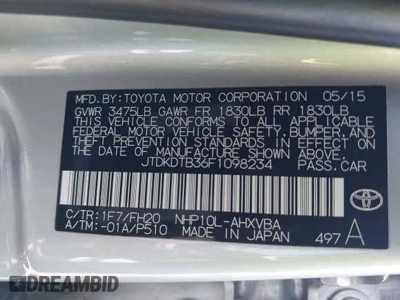 2015 Toyota Prius One z VIN JTDKDTB36F1098234, wystawiony jako IAAI lot #43056902 z przebiegiem 98 125 mil mil oraz . Historia ofert i sprzedaży dostępna na DreamBid. Obrazek 9.