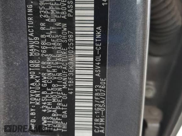 2010 Toyota Camry LE with VIN 4T1BF3EK9AU025987, listed as a Copart auction lot 82283775 with Not provided miles and Salvage title. Bid and sale history available at DreamBid. Image 13.