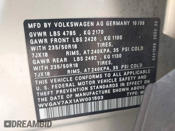 2010 Volkswagen Tiguan S с VIN WVGAV7AX1AW001503, выставлен на аукционе IAAI как лот 42520113 с пробегом 126 361 миль миль и . История ставок и продаж доступна на DreamBid. Изображение 9.