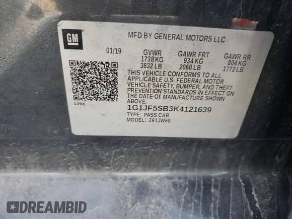 2019 Chevrolet Sonic Premier с VIN 1G1JF5SB3K4121639, выставлен на аукционе Copart как лот 71003925 с пробегом 132 283 миль миль и Чистый • Clean title. История ставок и продаж доступна на DreamBid. Изображение 12.