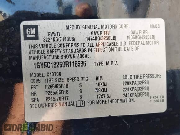 2009 Cadillac Escalade with VIN 1GYFC13259R118536, listed as a IAAI auction lot 41999085 with 138,113 mi miles and . Bid and sale history available at DreamBid. Image 9.