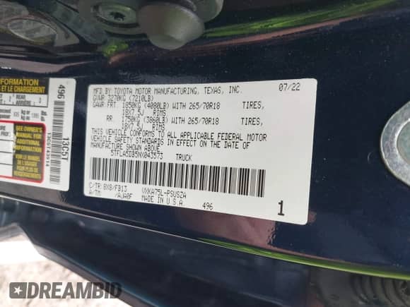 2022 Toyota Tundra SR5 with VIN 5TFLA5DB5NX043573, listed as a IAAI auction lot 42805559 with 24,980 mi miles and . Bid and sale history available at DreamBid. Image 9.