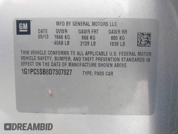 2013 Chevrolet Cruze 1LT with VIN 1G1PC5SB8D7307827, listed as a IAAI auction lot 43260480 with 203,784 mi miles and . Bid and sale history available at DreamBid. Image 9.