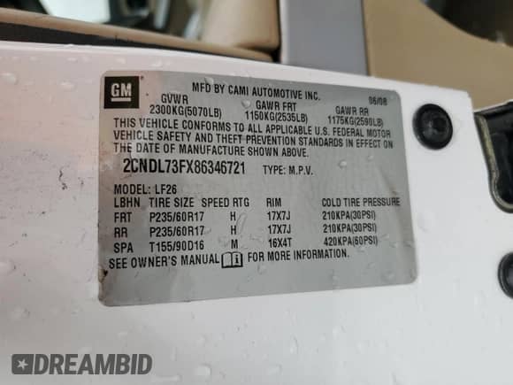 2008 Chevrolet Equinox LTZ with VIN 2CNDL73FX86346721, listed as a Copart auction lot 43812775 with 226,299 mi miles and Clean title. Bid and sale history available at DreamBid. Image 14.