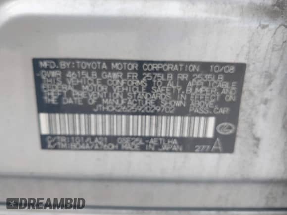 2009 Lexus IS 250 z VIN JTHCK262592029702, wystawiony jako IAAI lot #42998415 z przebiegiem 155 498 mil mil oraz . Historia ofert i sprzedaży dostępna na DreamBid. Obrazek 9.