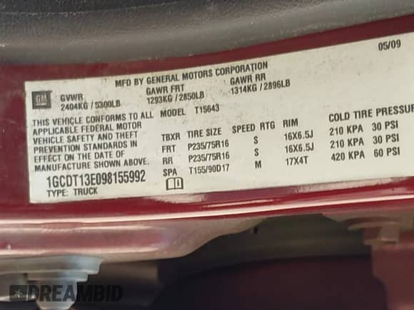 2009 Chevrolet Colorado 1LT z VIN 1GCDT13E098155992, wystawiony jako IAAI lot #42713688 z przebiegiem 124 257 mil mil oraz . Historia ofert i sprzedaży dostępna na DreamBid. Obrazek 9.