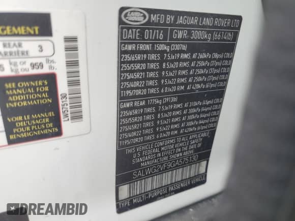 2016 Land Rover Range Rover Sport SE with VIN SALWG2VF9GA575130, listed as a Copart auction lot 80654455 with 106,704 mi miles and Clean title. Bid and sale history available at DreamBid. Image 13.