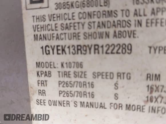 2000 Cadillac Escalade with VIN 1GYEK13R9YR122289, listed as a IAAI auction lot 42586757 with 241,346 mi miles and . Bid and sale history available at DreamBid. Image 9.