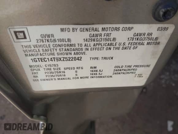 1999 GMC Sierra 1500 SLE с VIN 1GTEC14T9XZ522042, выставлен на аукционе IAAI как лот 43321536 с пробегом 69 365 миль миль и . История ставок и продаж доступна на DreamBid. Изображение 9.
