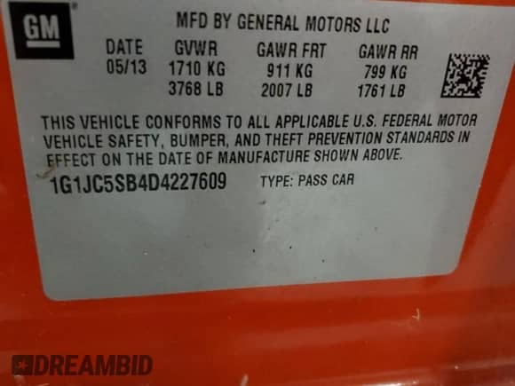 2013 Chevrolet Sonic LT с VIN 1G1JC5SB4D4227609, выставлен на аукционе Copart как лот 72407184 с пробегом 38 172 миль миль и Списание • Salvage title. История ставок и продаж доступна на DreamBid. Изображение 12.