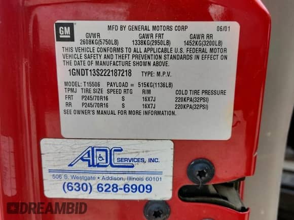 2002 Chevrolet TrailBlazer LS with VIN 1GNDT13S222187218, listed as a Copart auction lot 60282145 with 173,423 mi miles and Salvage title. Bid and sale history available at DreamBid. Image 13.