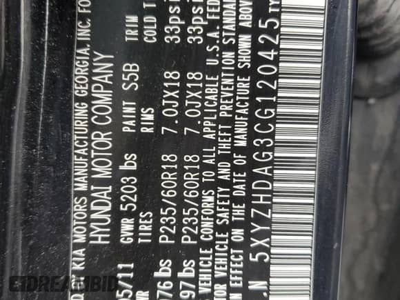 2012 Hyundai Santa Fe SE с VIN 5XYZHDAG3CG120425, выставлен на аукционе Copart как лот 81439655 с пробегом 115 558 миль миль и Чистый • Clean title. История ставок и продаж доступна на DreamBid. Изображение 12.