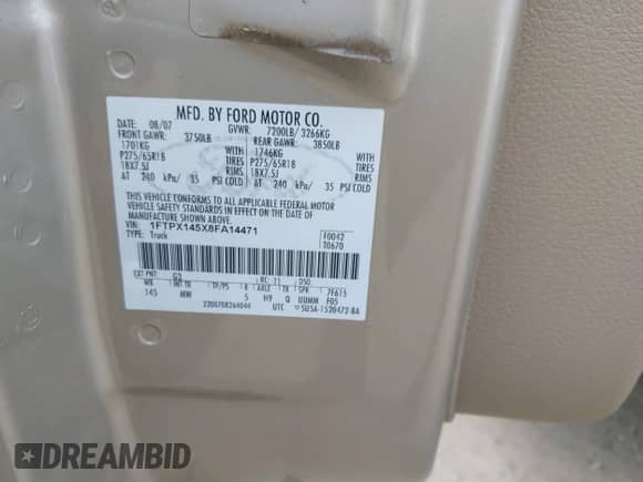 2008 Ford F-150 XLT with VIN 1FTPX145X8FA14471, listed as a IAAI auction lot 42833215 with 199,381 mi miles and . Bid and sale history available at DreamBid. Image 9.