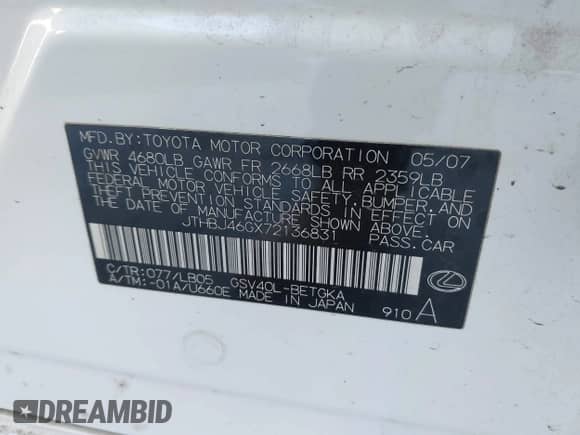 2007 Lexus ES 330 with VIN JTHBJ46GX72136831, listed as a IAAI auction lot 43369559 with 274,736 mi miles and . Bid and sale history available at DreamBid. Image 9.