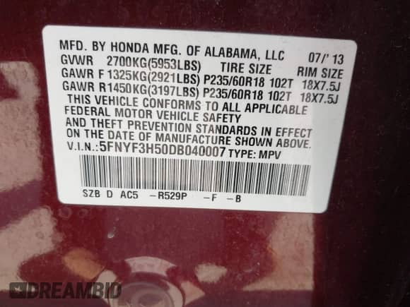 2013 Honda Pilot EX-L with VIN 5FNYF3H50DB040007, listed as a IAAI auction lot 42744260 with 143,077 mi miles and . Bid and sale history available at DreamBid. Image 9.