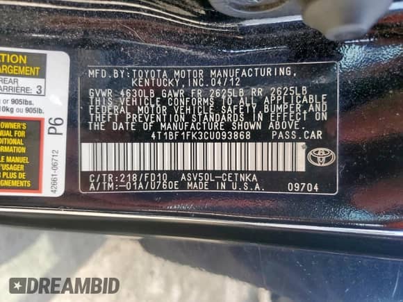 2012 Toyota Camry L with VIN 4T1BF1FK3CU093868, listed as a Copart auction lot 68912035 with 185,303 mi miles and Clean title. Bid and sale history available at DreamBid. Image 12.