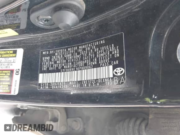 2019 Toyota Corolla L с VIN 5YFBURHE1KP889062, выставлен на аукционе IAAI как лот 42884719 с пробегом 168 995 миль миль и . История ставок и продаж доступна на DreamBid. Изображение 9.