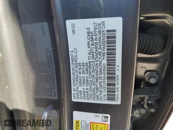 2022 Honda Accord EX-L with VIN 1HGCV3F54NA028423, listed as a Copart auction lot 66878225 with 22,590 mi miles and Salvage title. Bid and sale history available at DreamBid. Image 12.
