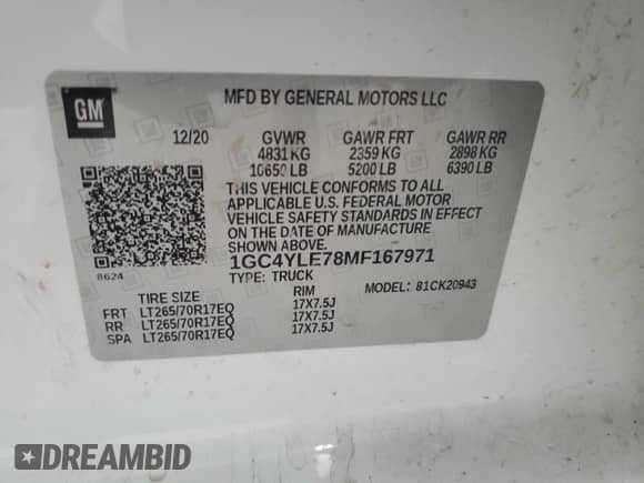 2021 Chevrolet Silverado 2500HD Work Truck with VIN 1GC4YLE78MF167971, listed as a Copart auction lot 65295405 with 114,361 mi miles and Clean title. Bid and sale history available at DreamBid. Image 12.