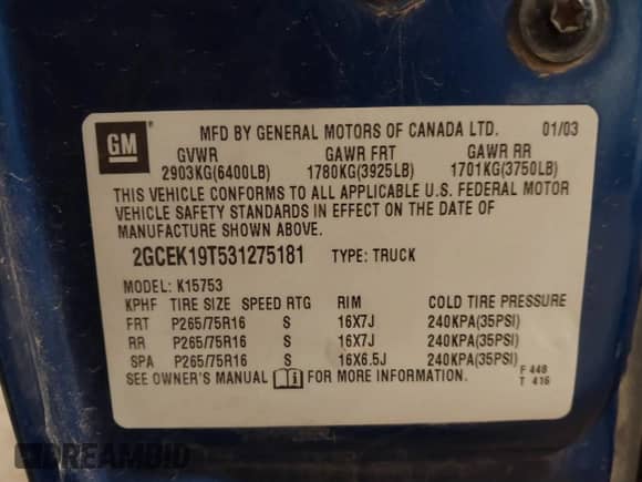 2003 Chevrolet Silverado 1500 с VIN 2GCEK19T531275181, выставлен на аукционе IAAI как лот 41714036 с пробегом 320 291 миль миль и . История ставок и продаж доступна на DreamBid. Изображение 9.