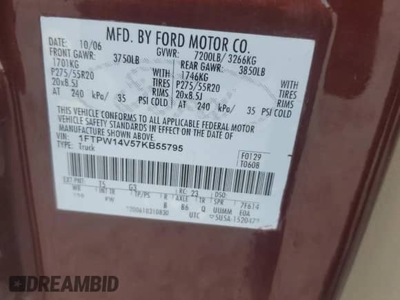 2007 Ford F-150 XLT with VIN 1FTPW14V57KB55795, listed as a Copart auction lot 81300665 with 155,648 mi miles and Salvage title. Bid and sale history available at DreamBid. Image 12.