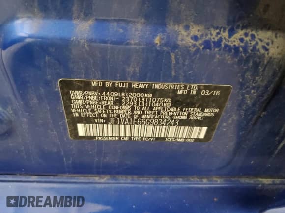 2016 Subaru WRX Premium with VIN JF1VA1E66G9834243, listed as a Copart auction lot 67207795 with 93,447 mi miles and Salvage title. Bid and sale history available at DreamBid. Image 13.