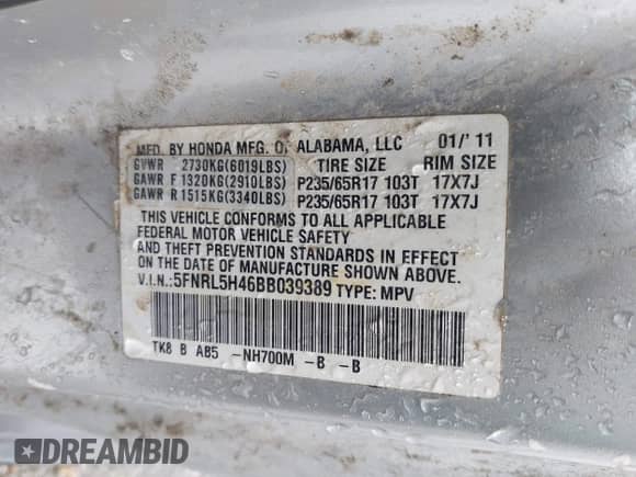 2011 Honda Odyssey EX с VIN 5FNRL5H46BB039389, выставлен на аукционе IAAI как лот 42282302 с пробегом 341 547 миль миль и . История ставок и продаж доступна на DreamBid. Изображение 9.