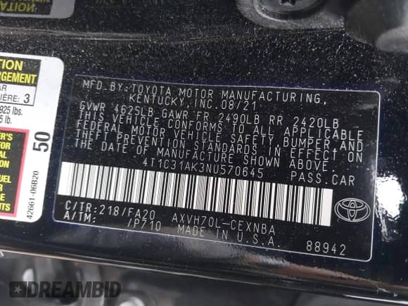 2022 Toyota Camry Hybrid LE with VIN 4T1C31AK3NU570645, listed as a IAAI auction lot 42659916 with 19,420 mi miles and . Bid and sale history available at DreamBid. Image 9.