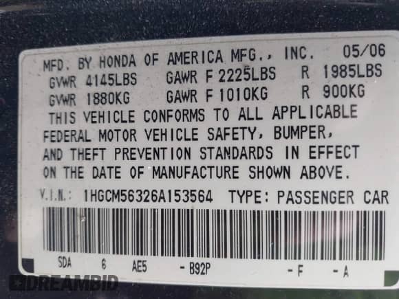2006 Honda Accord LX SE with VIN 1HGCM56326A153564, listed as a IAAI auction lot 43574920 with 236,054 mi miles and . Bid and sale history available at DreamBid. Image 9.