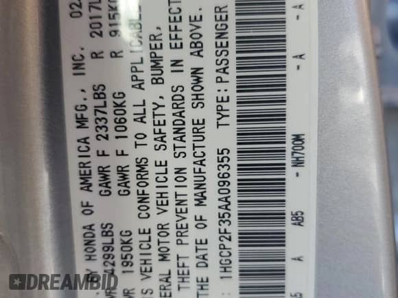 2010 Honda Accord LX with VIN 1HGCP2F35AA096355, listed as a Copart auction lot 84261175 with 257,460 mi miles and Salvage title. Bid and sale history available at DreamBid. Image 12.