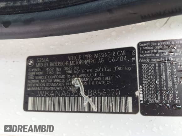 2004 BMW 5 Series 525i с VIN WBANA53584B853020, выставлен на аукционе IAAI как лот 43369555 с пробегом Не указан миль и . История ставок и продаж доступна на DreamBid. Изображение 9.