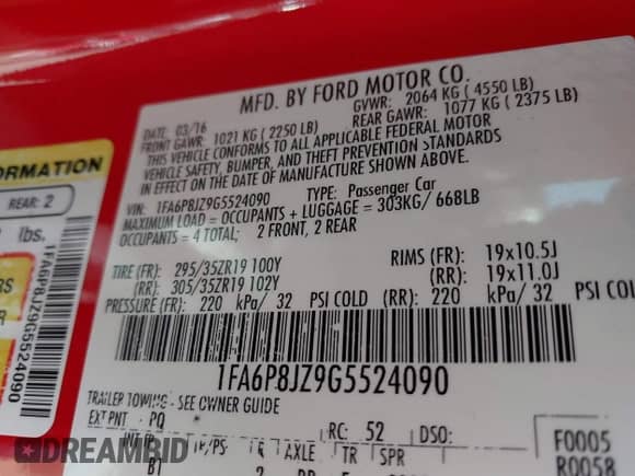 2016 Ford Mustang Shelby GT350 z VIN 1FA6P8JZ9G5524090, wystawiony jako IAAI lot #41824242 z przebiegiem Nie podano mil oraz . Historia ofert i sprzedaży dostępna na DreamBid. Obrazek 9.