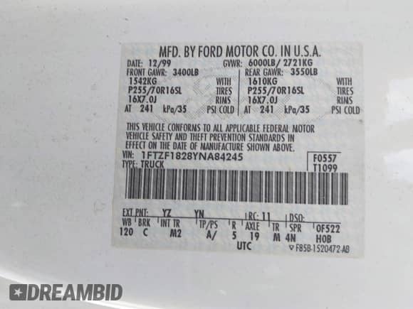 2000 Ford F-150 XL z VIN 1FTZF1828YNA84245, wystawiony jako IAAI lot #43340021 z przebiegiem Nie podano mil oraz . Historia ofert i sprzedaży dostępna na DreamBid. Obrazek 9.