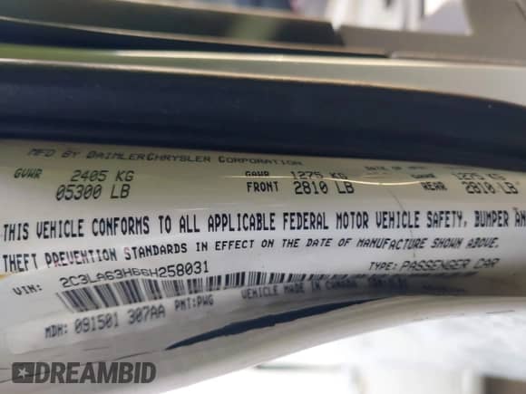 2006 Chrysler 300 C with VIN 2C3LA63H66H258031, listed as a IAAI auction lot 42981159 with 167,447 mi miles and . Bid and sale history available at DreamBid. Image 9.