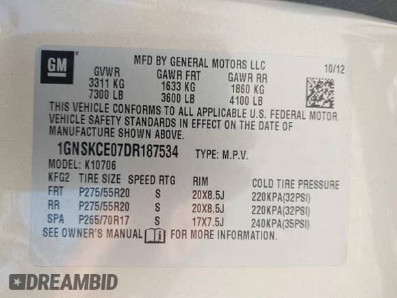 2013 Chevrolet Tahoe LTZ z VIN 1GNSKCE07DR187534, wystawiony jako IAAI lot #42856143 z przebiegiem 175 336 mil mil oraz . Historia ofert i sprzedaży dostępna na DreamBid. Obrazek 9.