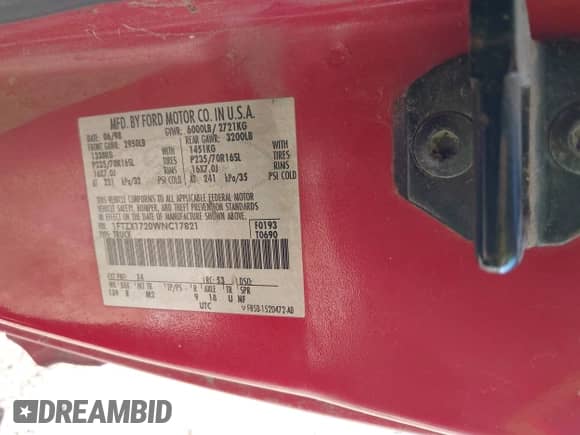 1998 Ford F-150 with VIN 1FTZX1720WNC17821, listed as a IAAI auction lot 43436377 with 257,557 mi miles and . Bid and sale history available at DreamBid. Image 9.