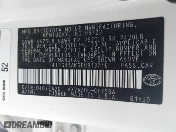 2023 Toyota Camry SE с VIN 4T1G11AK6PU813746, выставлен на аукционе IAAI как лот 41210012 с пробегом 34 717 миль миль и . История ставок и продаж доступна на DreamBid. Изображение 9.