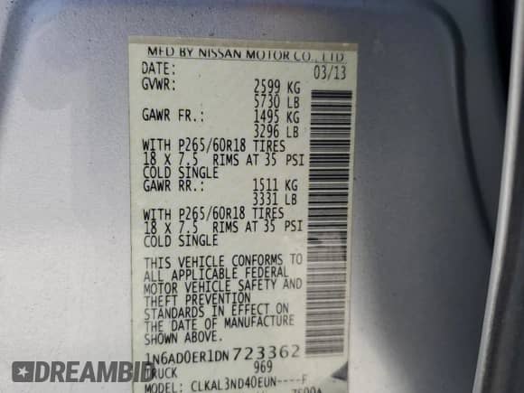 2013 Nissan Frontier SL with VIN 1N6AD0ER1DN723362, listed as a Copart auction lot 57288735 with 82,178 mi miles and Salvage title. Bid and sale history available at DreamBid. Image 13.