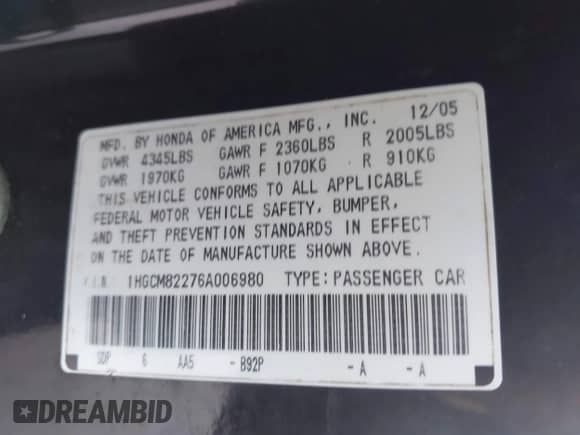 2006 Honda Accord LX with VIN 1HGCM82276A006980, listed as a IAAI auction lot 43475770 with 249,599 mi miles and . Bid and sale history available at DreamBid. Image 9.