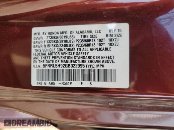 2016 Honda Odyssey Touring Elite with VIN 5FNRL5H92GB022995, listed as a Copart auction lot 68914565 with 101,450 mi miles and Clean title. Bid and sale history available at DreamBid. Image 13.