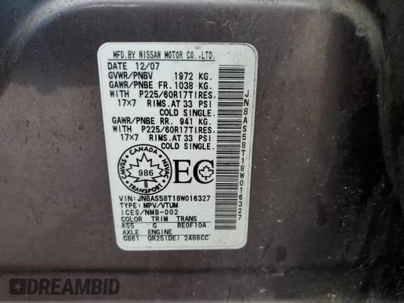 2008 Nissan Rogue S with VIN JN8AS58T18W016327, listed as a Copart auction lot 57037235 with 223,502 mi miles and Salvage title. Bid and sale history available at DreamBid. Image 13.