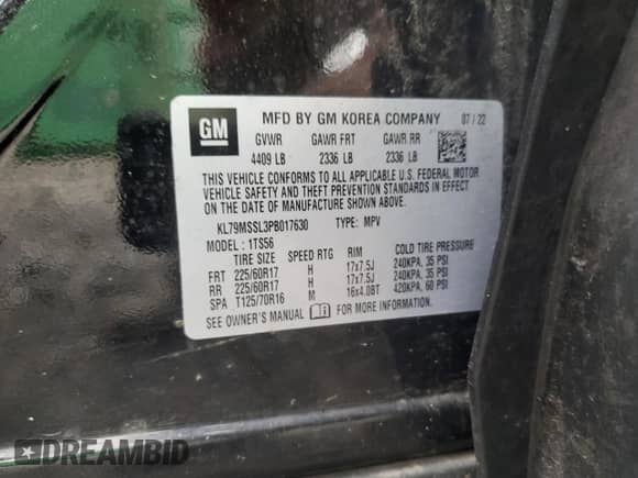 2023 Chevrolet TrailBlazer ACTIV with VIN KL79MSSL3PB017630, listed as a Copart auction lot 62291575 with 47,737 mi miles and Salvage title. Bid and sale history available at DreamBid. Image 13.