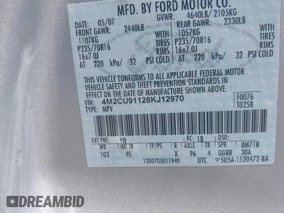 2008 Mercury Mariner with VIN 4M2CU91128KJ12970, listed as a IAAI auction lot 42940612 with 201,682 mi miles and . Bid and sale history available at DreamBid. Image 9.