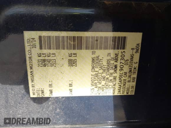 2014 Nissan Maxima SV z VIN 1N4AA5AP0EC907305, wystawiony jako IAAI lot #42262072 z przebiegiem 130 541 mil mil oraz . Historia ofert i sprzedaży dostępna na DreamBid. Obrazek 9.