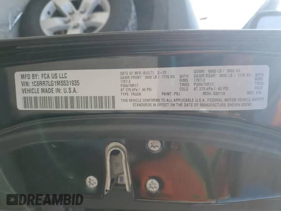 2021 Ram 1500 SLT z VIN 1C6RR7LG1MS531935, wystawiony jako Copart lot #66958045 z przebiegiem Nie podano mil oraz Szkoda całkowita • Salvage title. Historia ofert i sprzedaży dostępna na DreamBid. Obrazek 12.