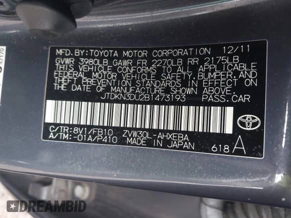 2011 Toyota Prius I with VIN JTDKN3DU2B1473193, listed as a IAAI auction lot 42064975 with 212,833 mi miles and . Bid and sale history available at DreamBid. Image 9.