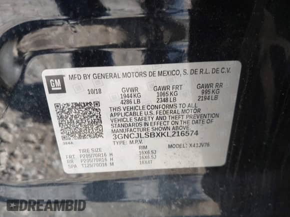 2019 Chevrolet Trax LT с VIN 3GNCJLSBXKL216574, выставлен на аукционе IAAI как лот 43118966 с пробегом 57 725 миль миль и . История ставок и продаж доступна на DreamBid. Изображение 9.